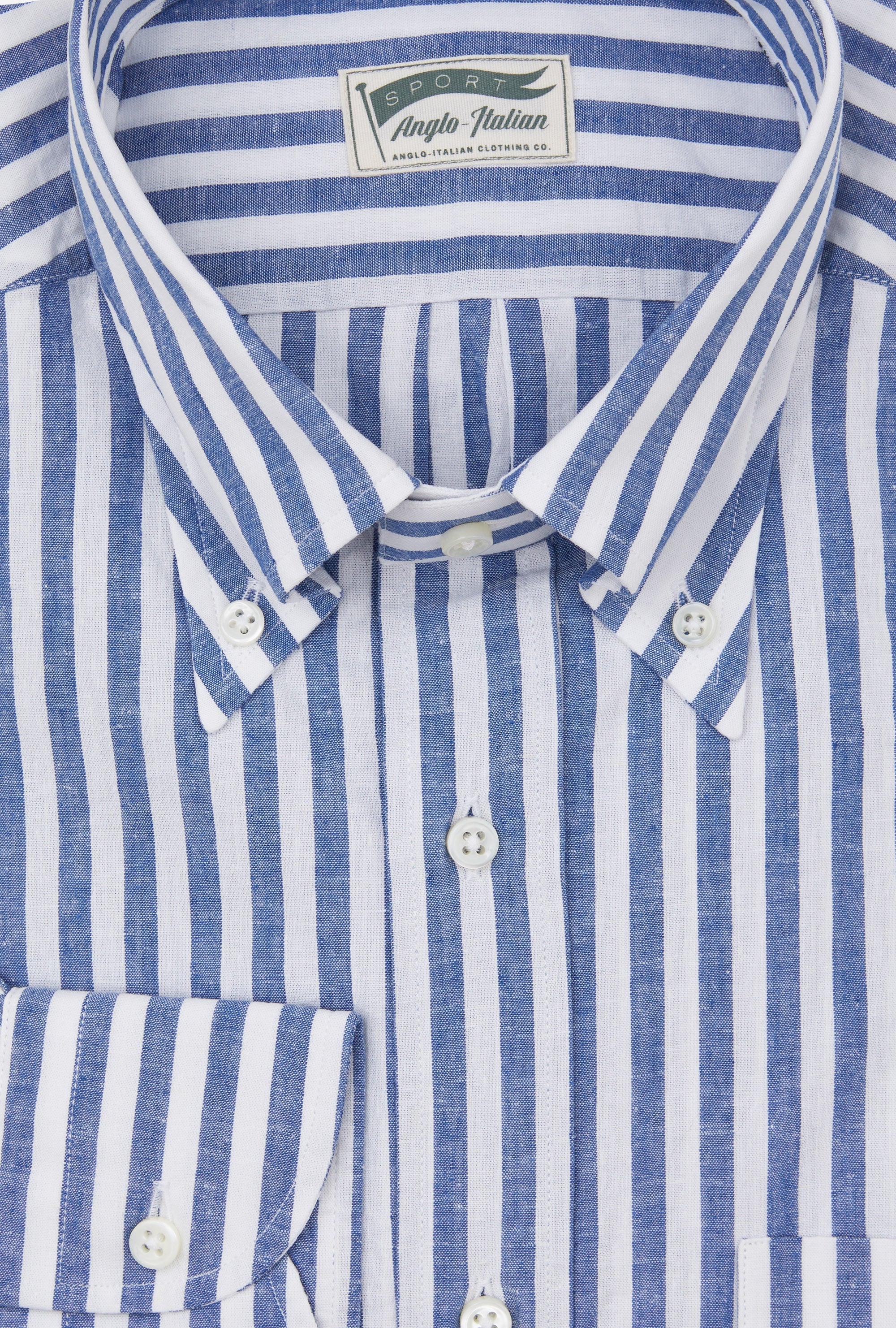 Button Down Sport Shirt Cotton-Linen Blue Butchers Stripe