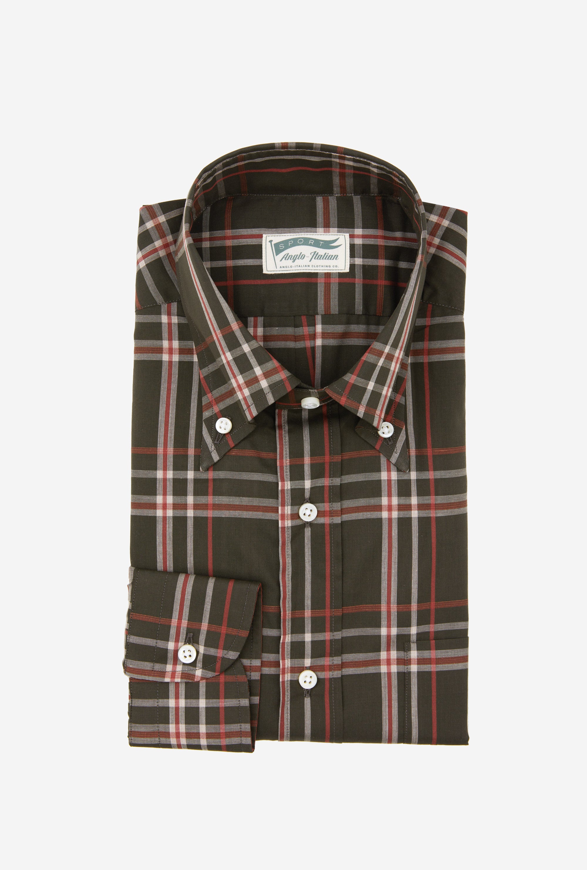 Button Down Cotton-Linen Shirt Olive Red White Check