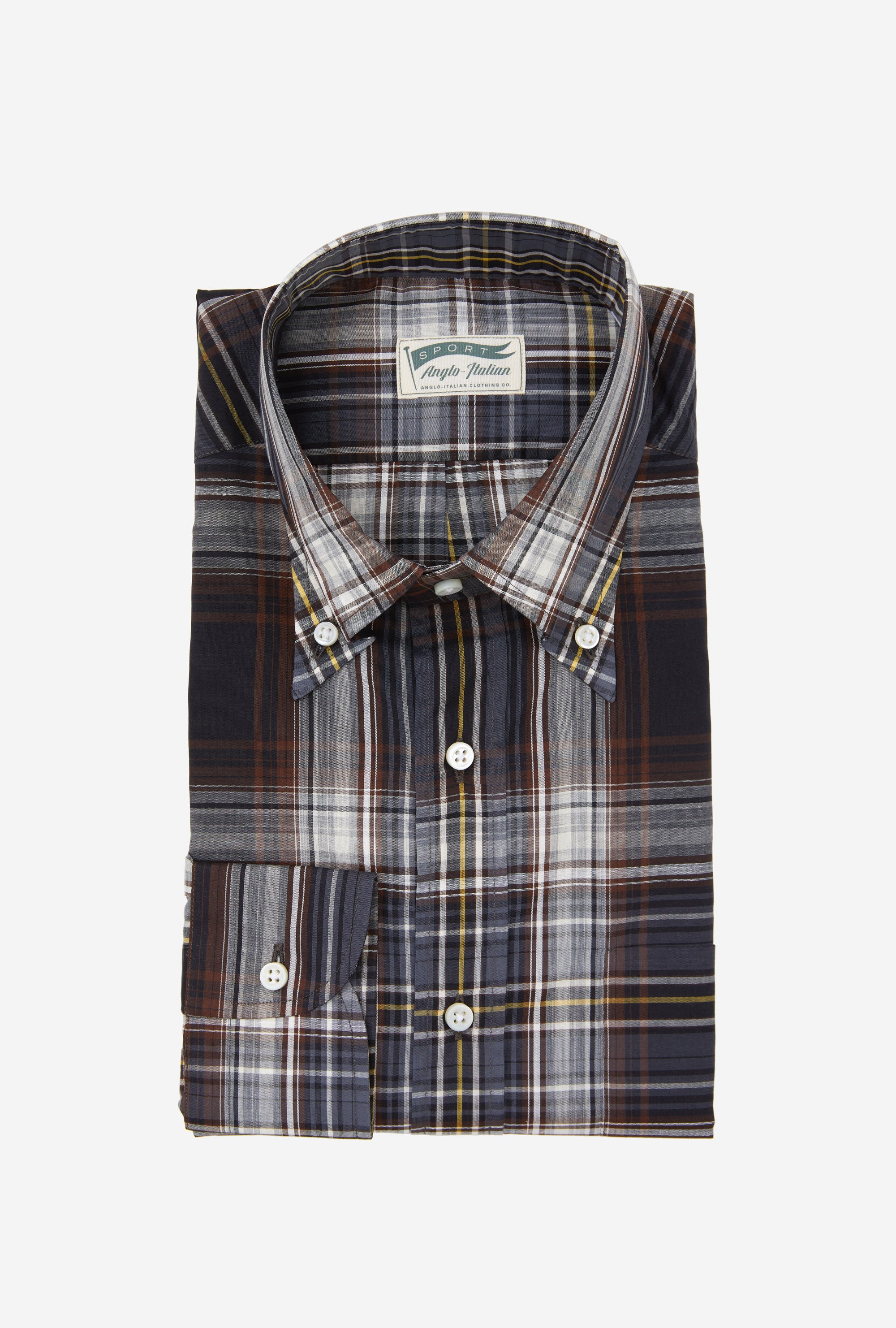 Button Down Cotton-Linen Shirt Navy White Yellow Check