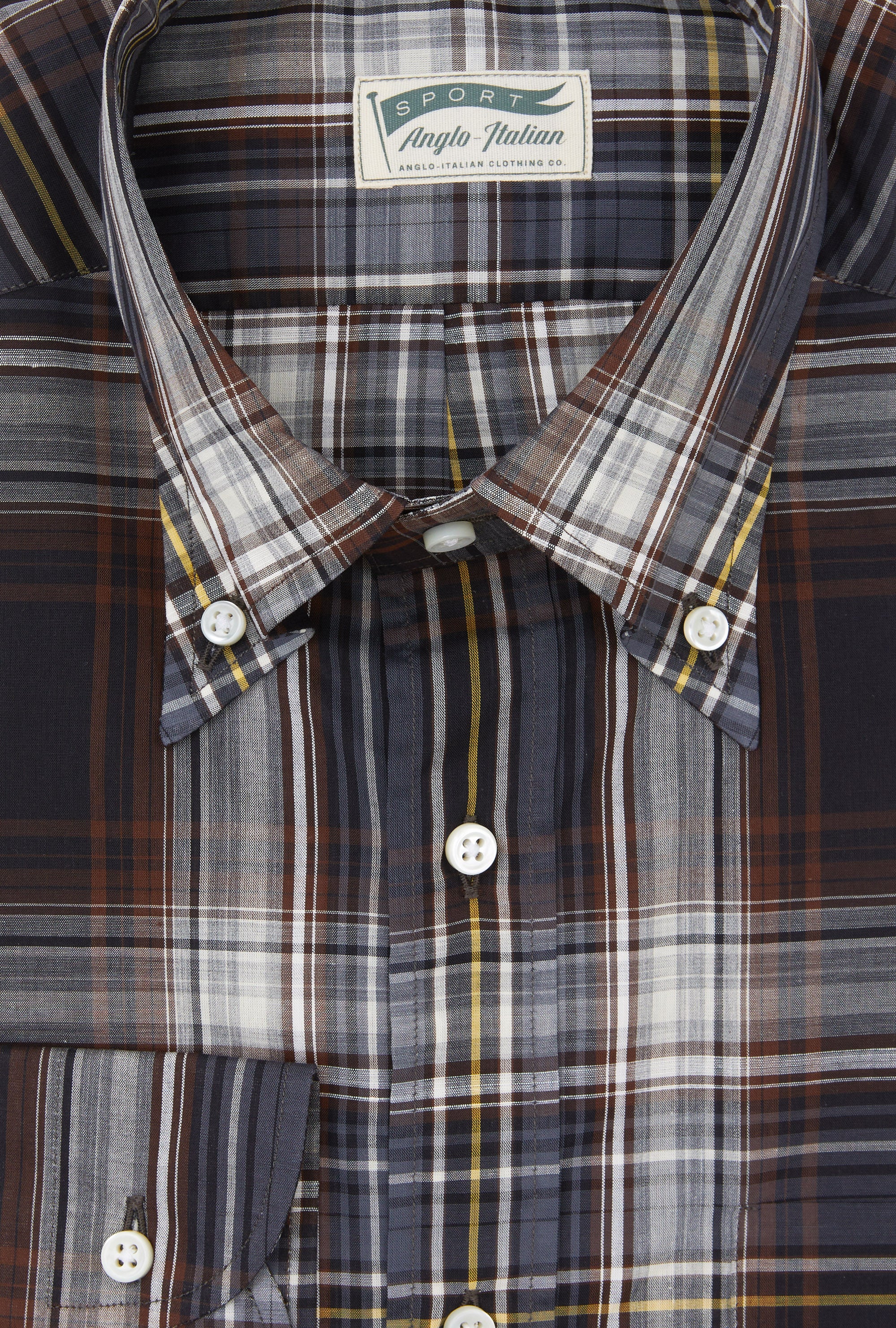 Button Down Cotton-Linen Shirt Navy White Yellow Check