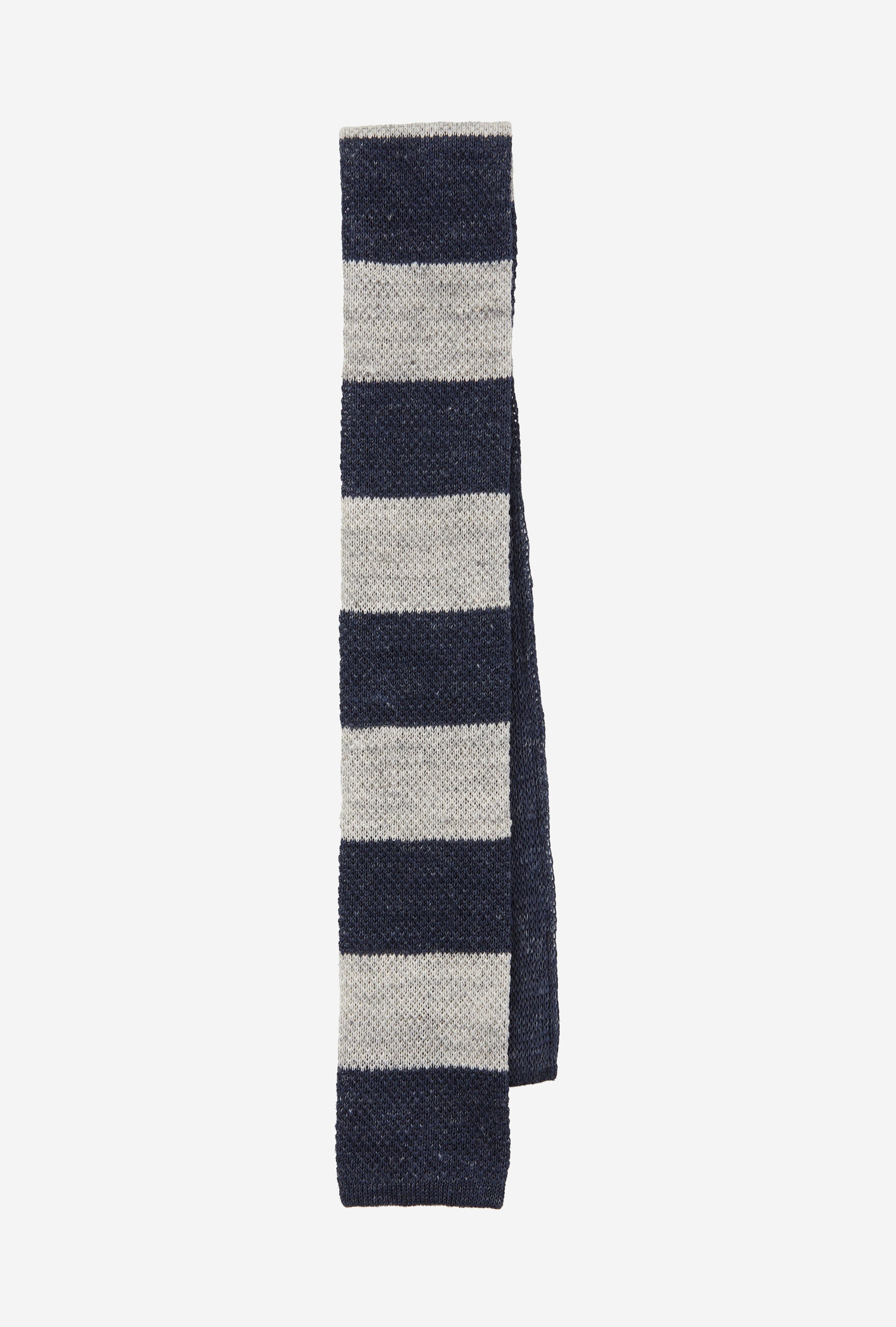 Knit Tie Linen Navy Ecru Stripe