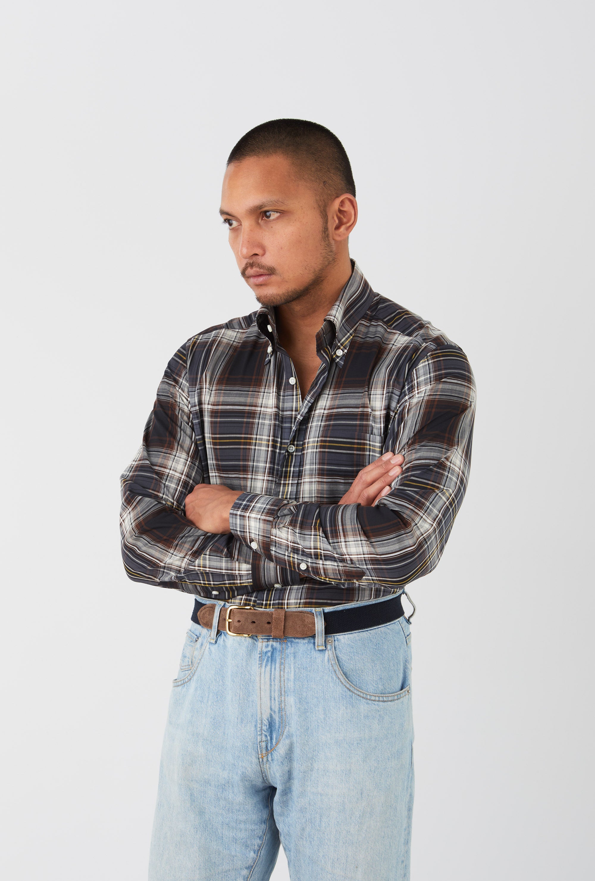 Button Down Cotton-Linen Shirt Navy White Yellow Check