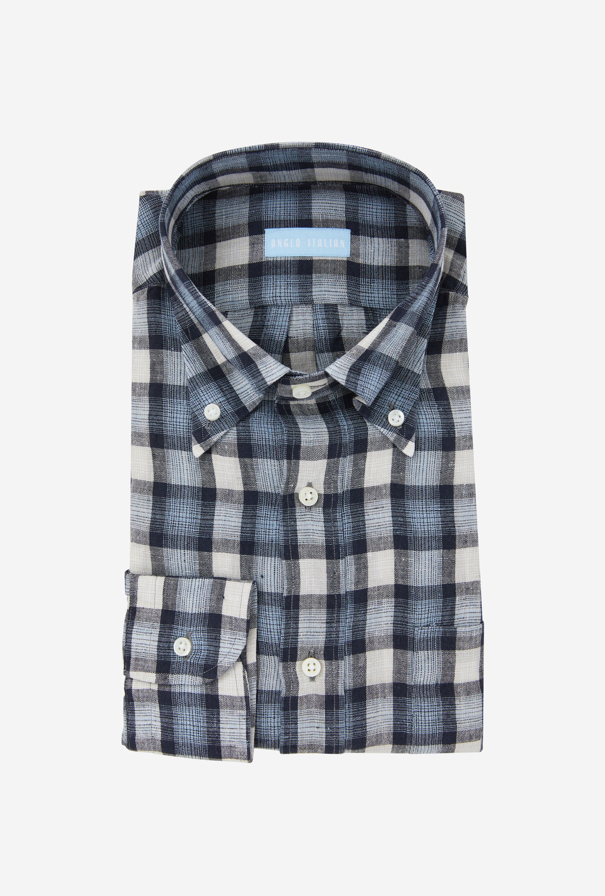 Button Down Linen Madras Shirt Navy Ecru Check