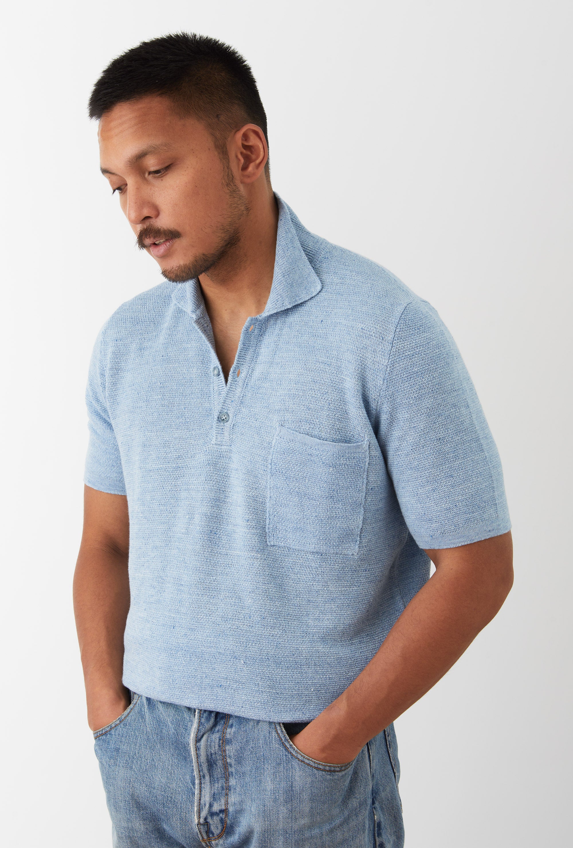 Knitted Polo Cotton Linen Sky Blue