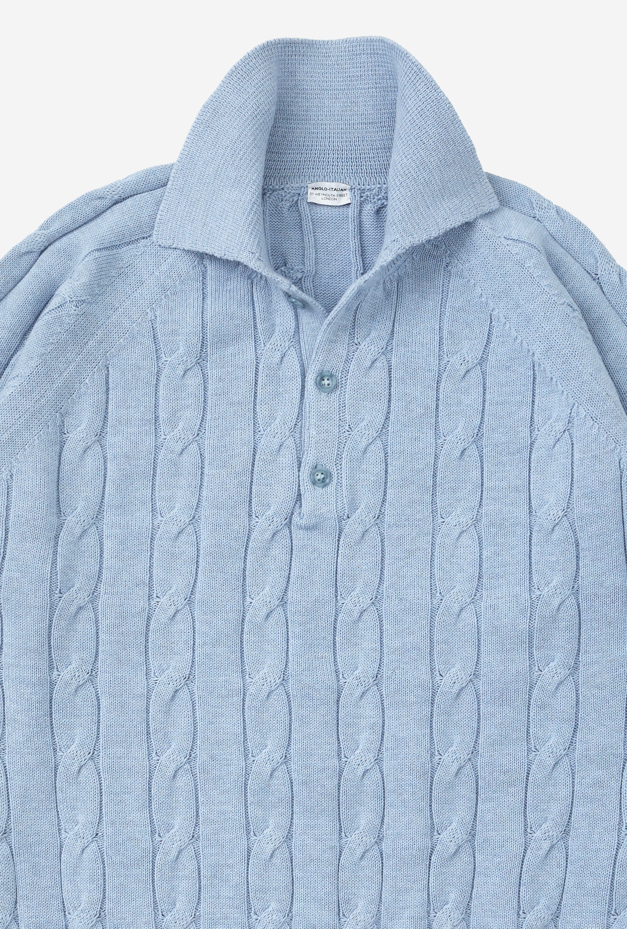 Raglan Polo Cableknit Cotton Sky Blue