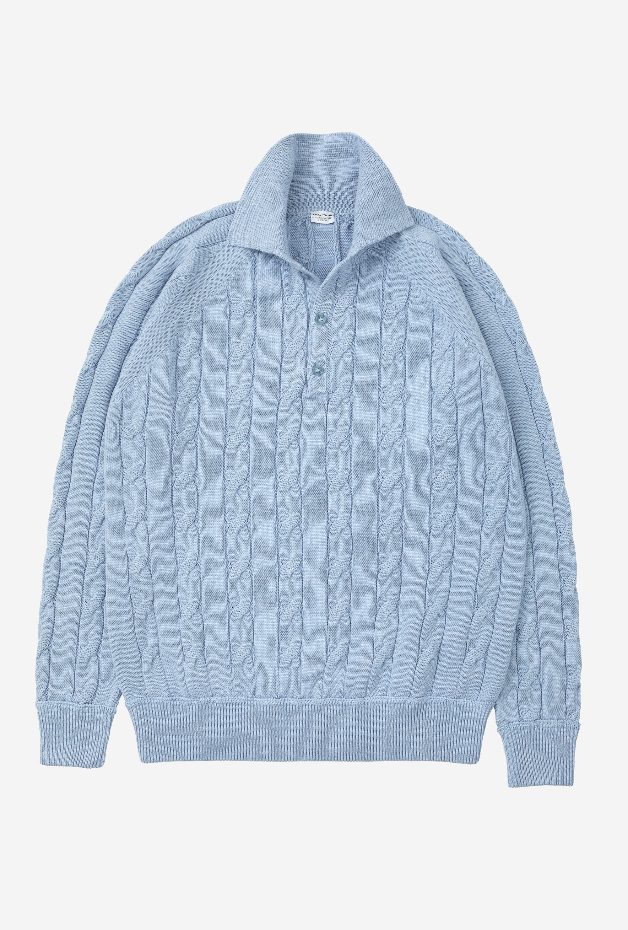 Raglan Polo Cableknit Cotton Sky Blue