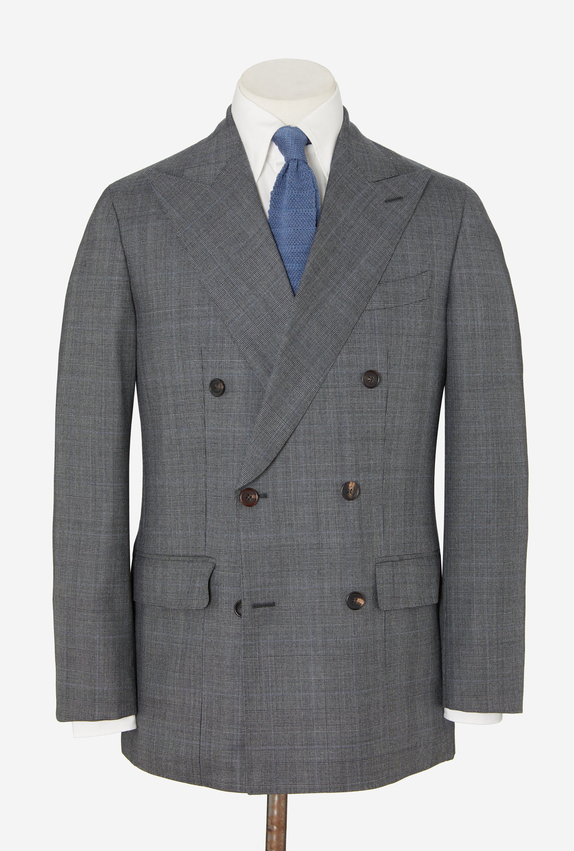 Suit Double Breasted Grey Glen Plaid Sky Overcheck