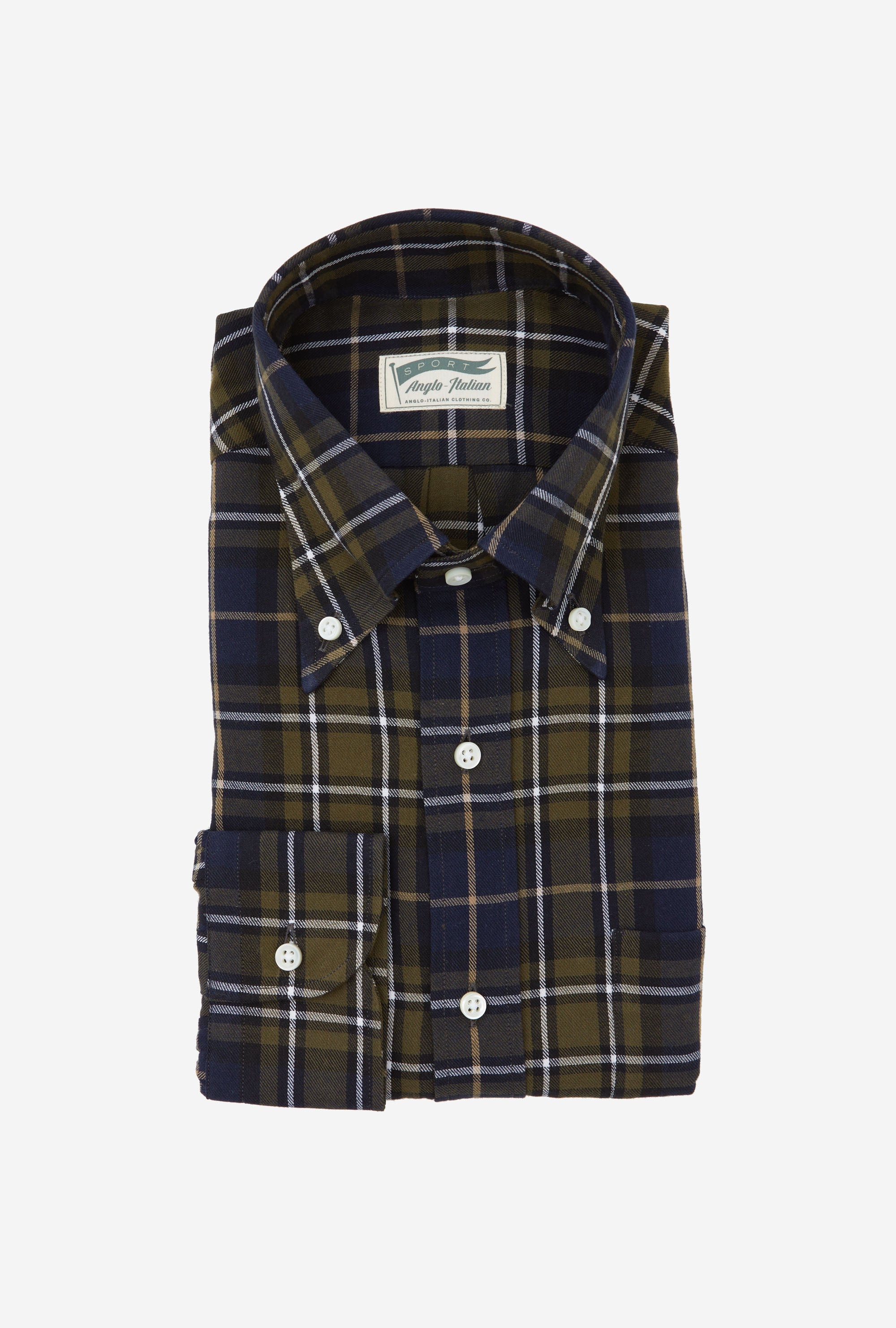 Button Down Sport Shirt Brushed Twill Navy Green White Check