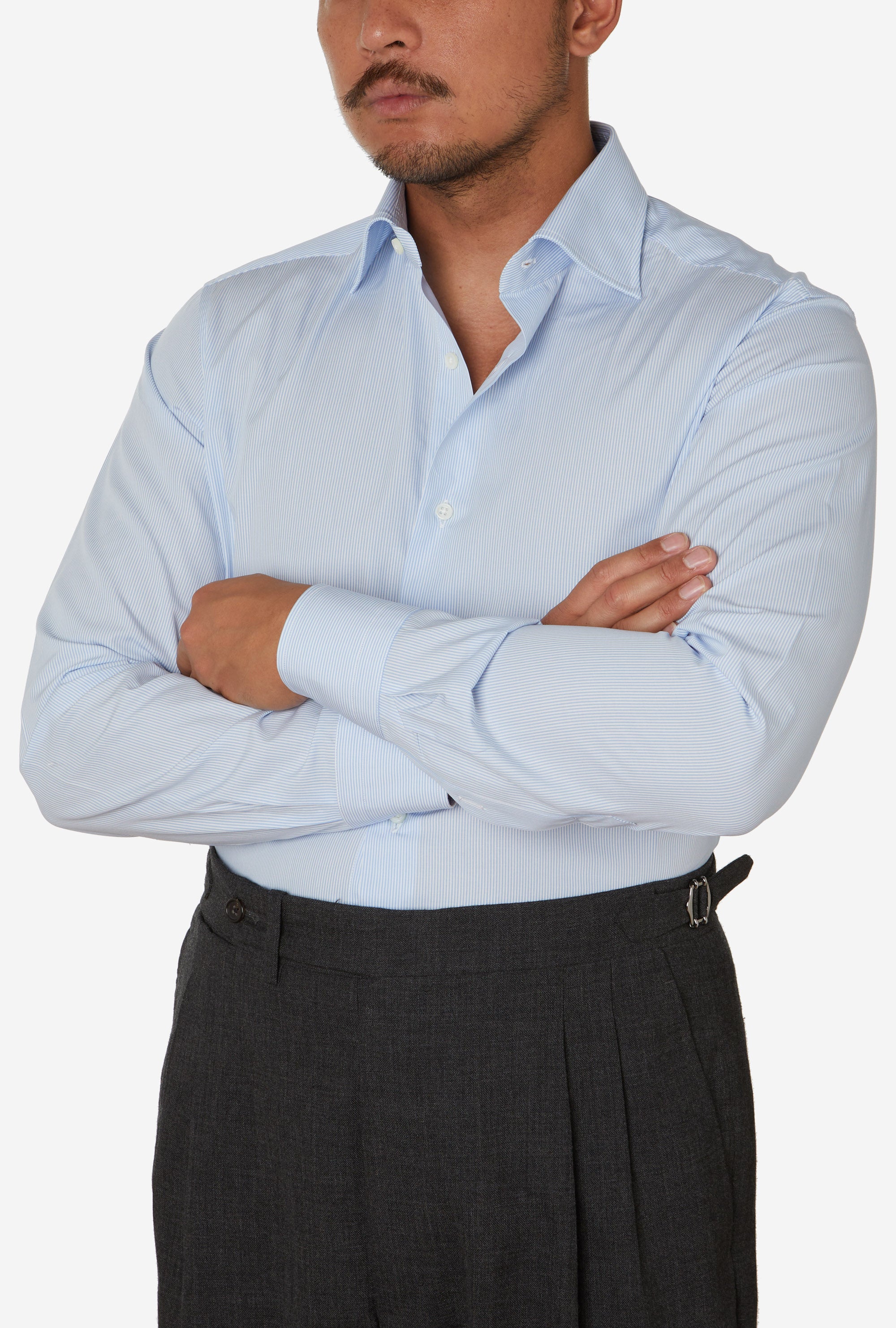 Spread Collar Shirt Cotton Poplin Micro Mid-Blue Bengal Stripe