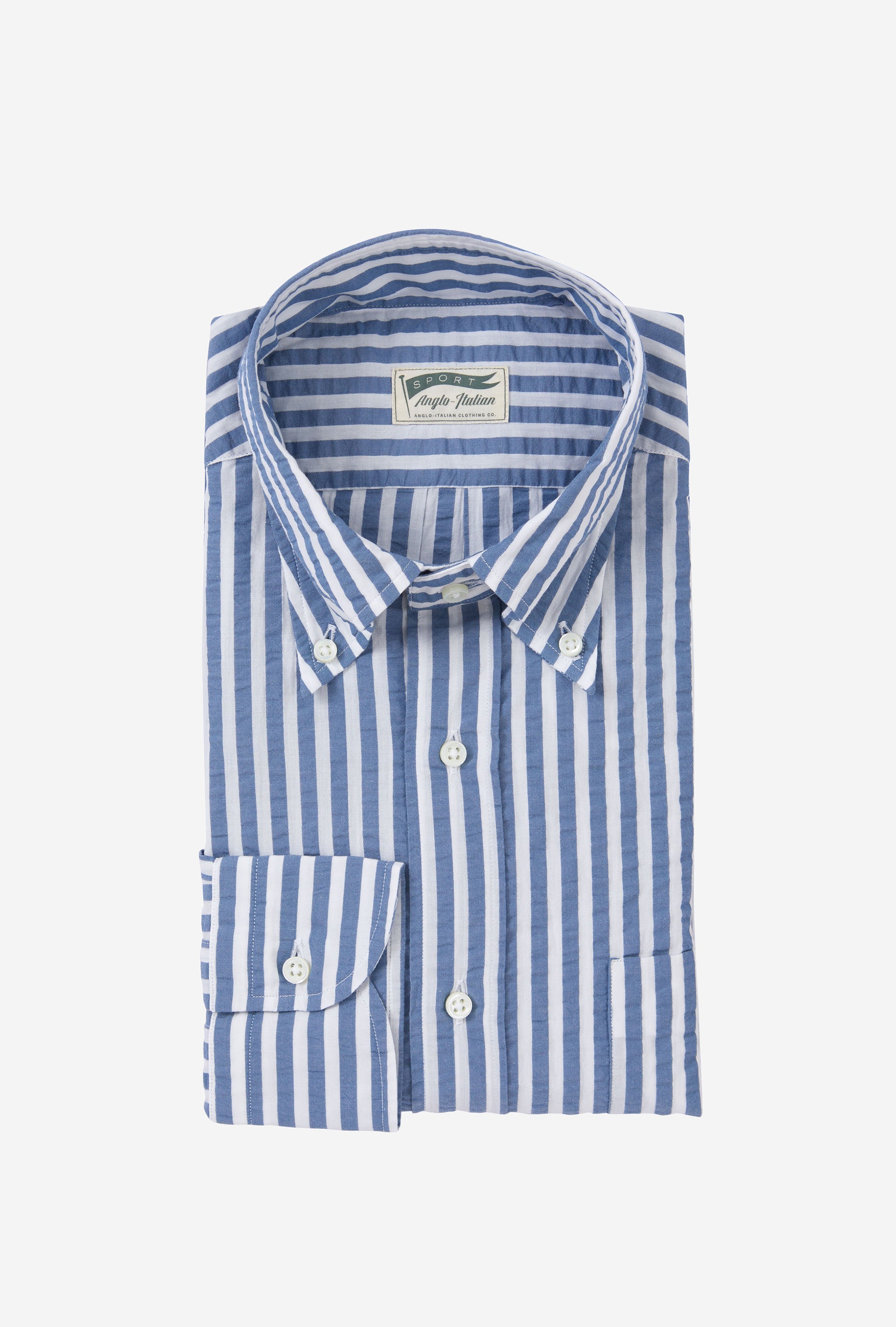 Button Down Sport Shirt Cotton Seersucker Blue Stripe