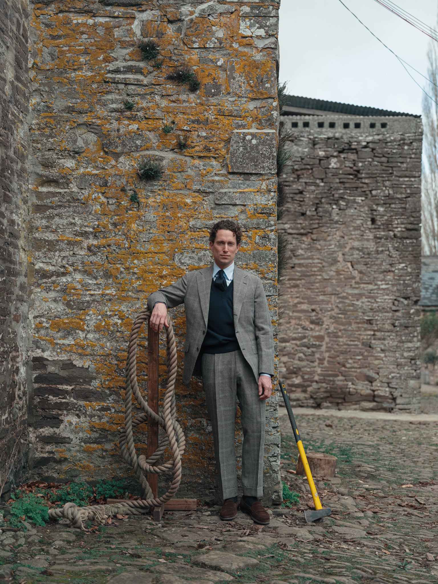 Suit Single Breasted Grey Glen Plaid Sky Overcheck Wool-Linen