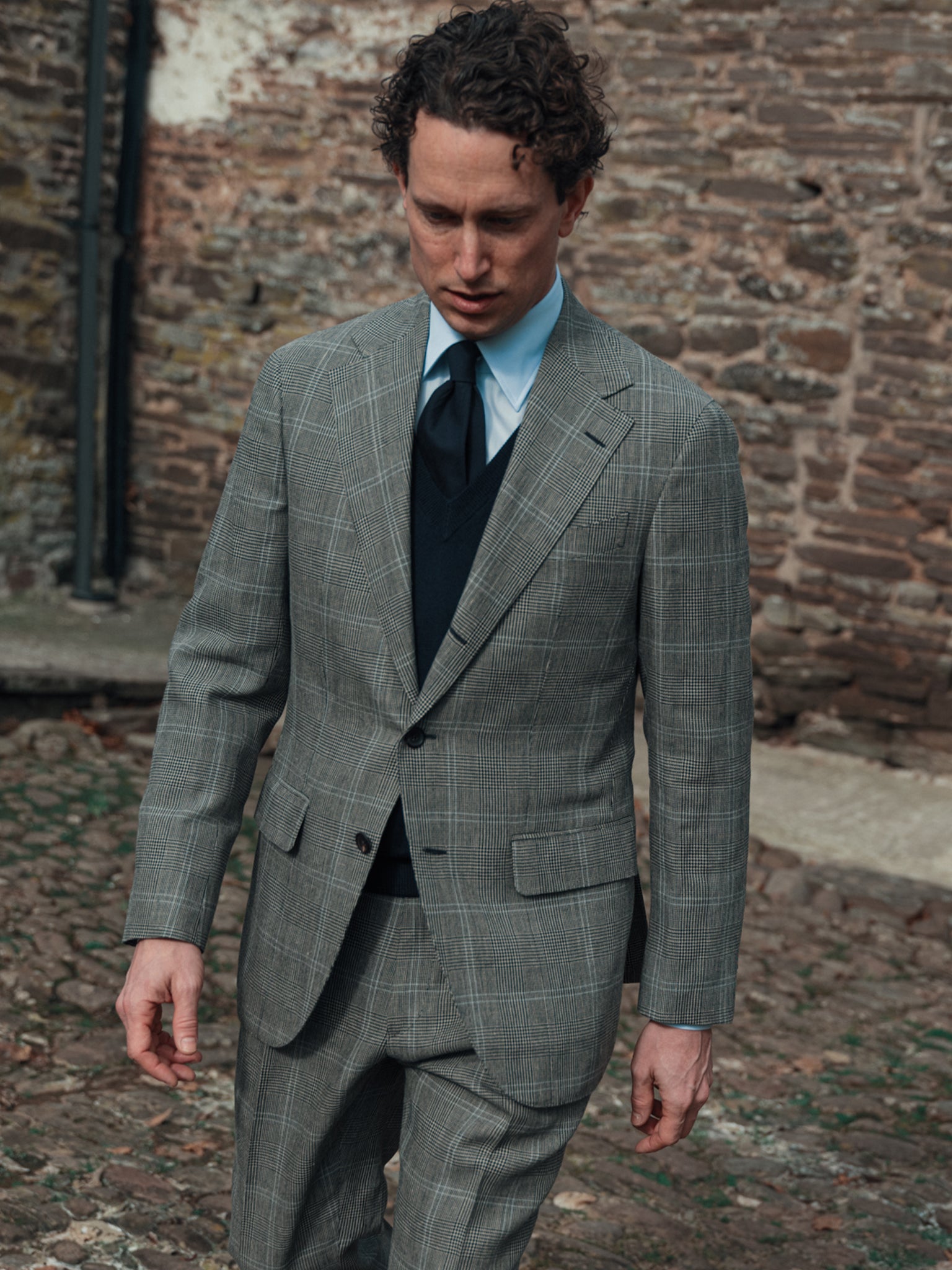 Suit Single Breasted Grey Glen Plaid Sky Overcheck Wool-Linen
