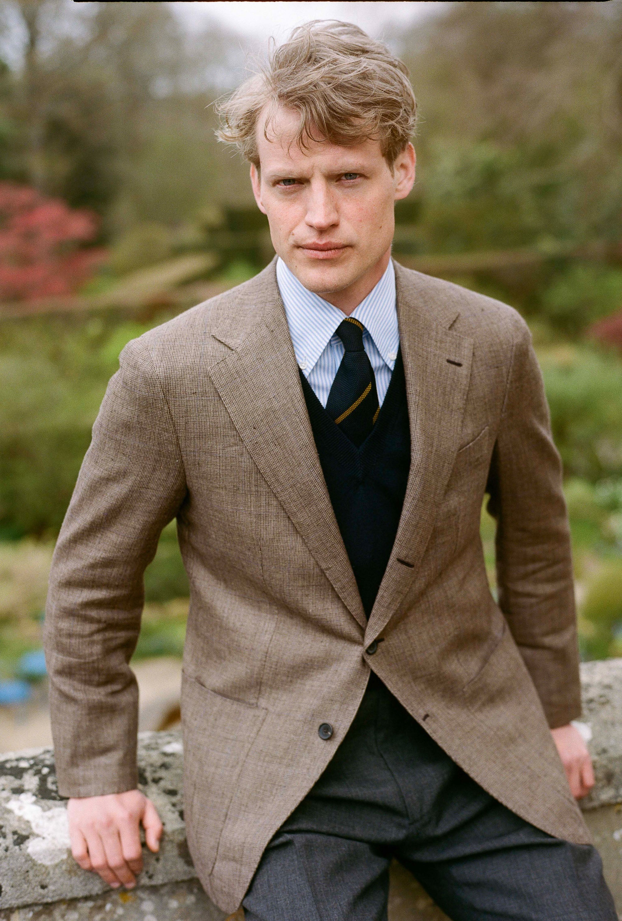 Sport Jacket Silk-Linen Sand Tickweave Blue Overcheck