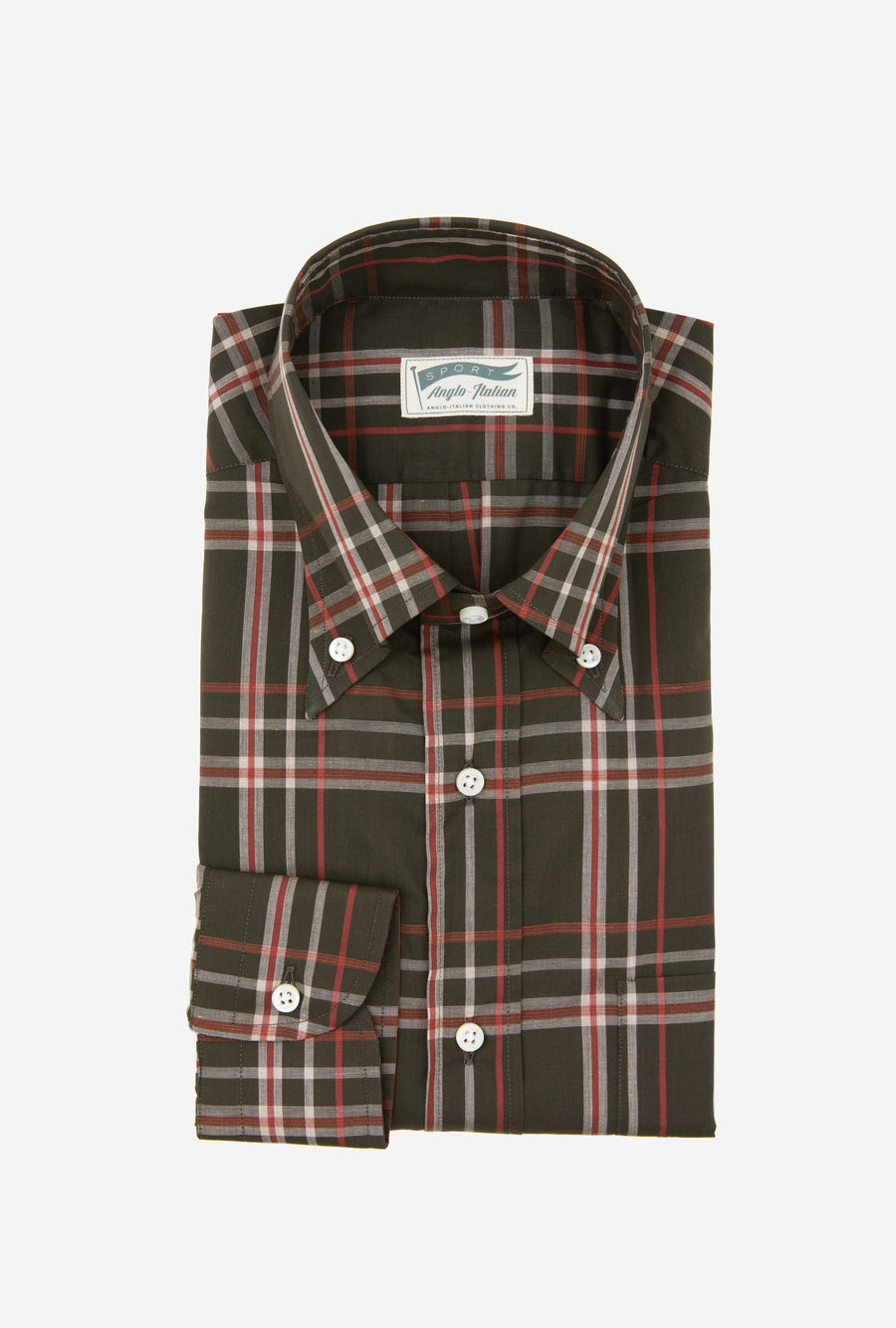 Button Down Cotton-Linen Shirt Olive Red White Check