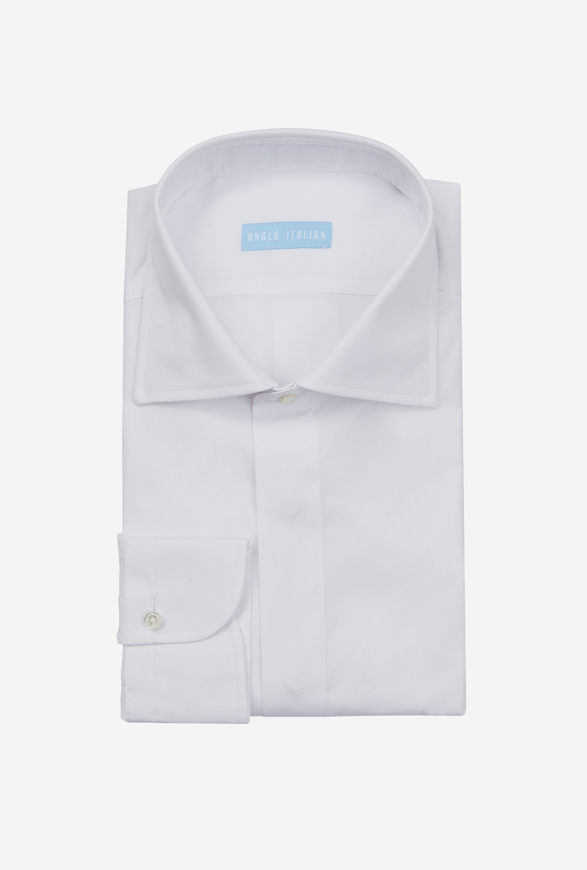 Spread Collar Shirt Cotton White Covered Placket