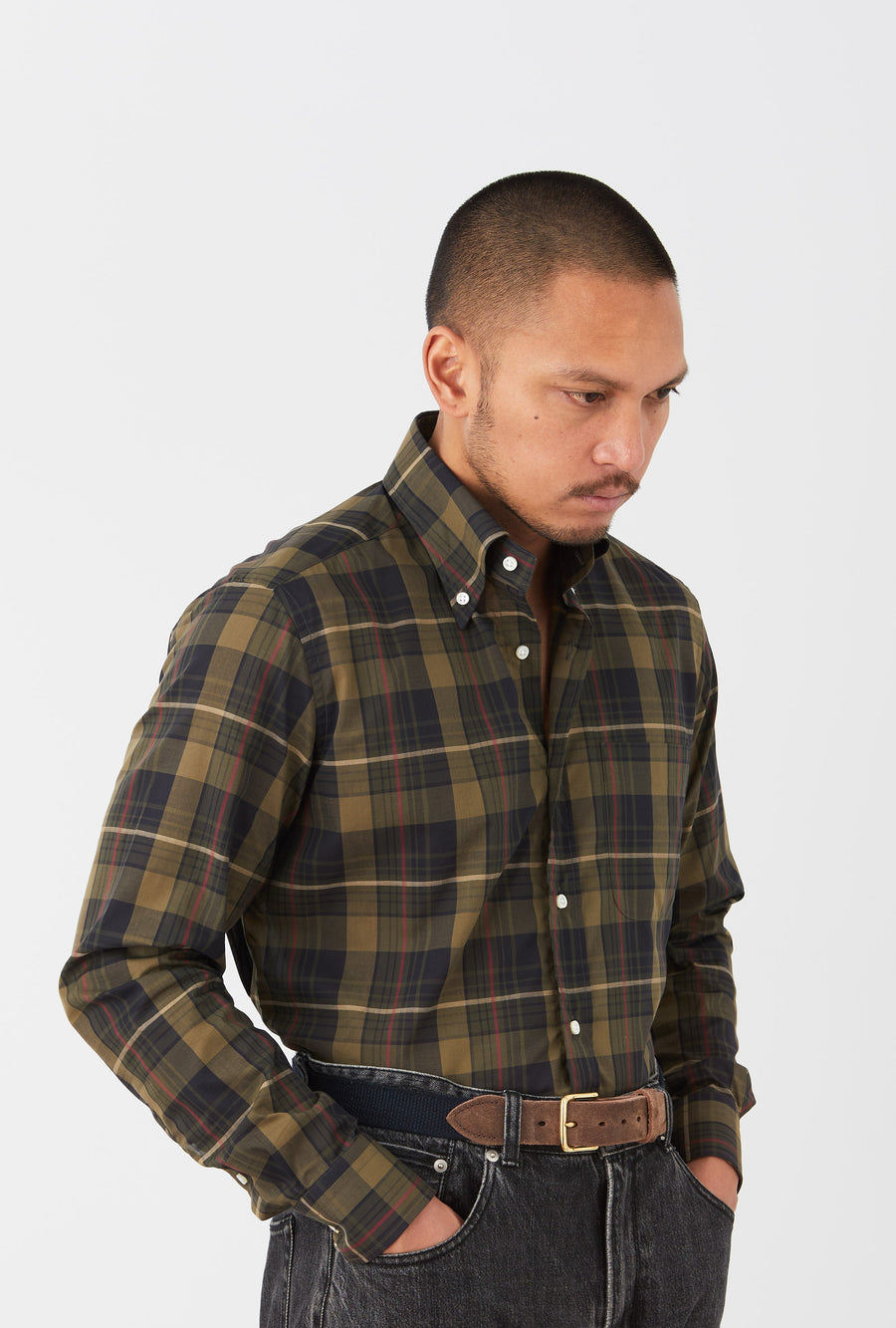 Button Down Cotton-Linen Shirt Olive Navy Red Check