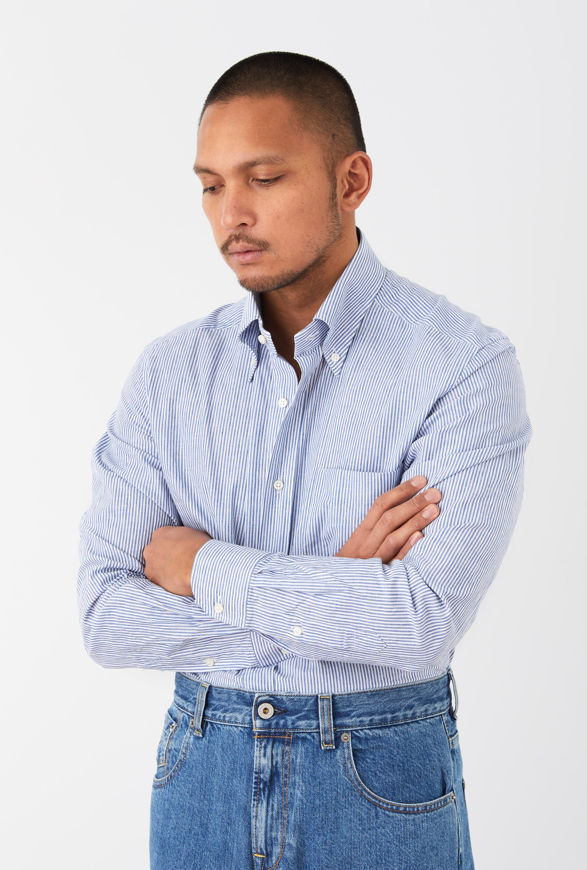 Button Down Sport Shirt Cotton-Linen Blue Bengal Stripe