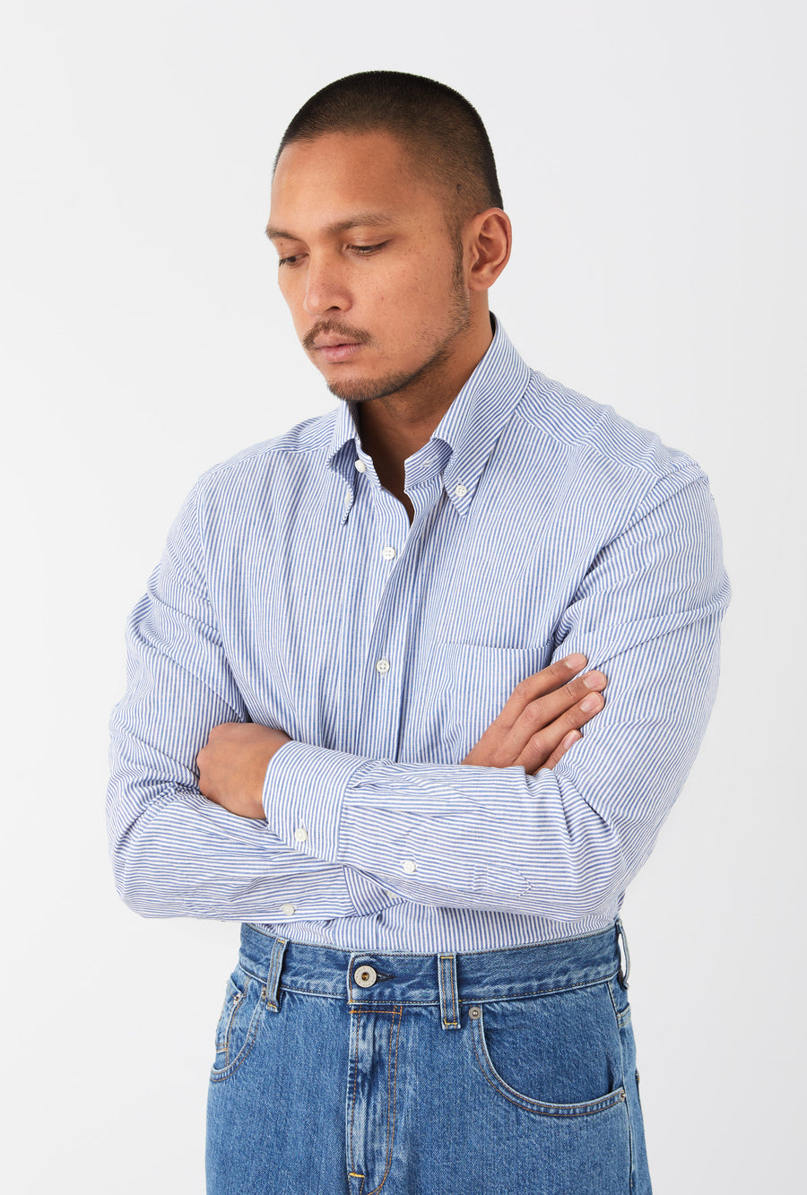 Button Down Sport Shirt Cotton-Linen Blue Bengal Stripe