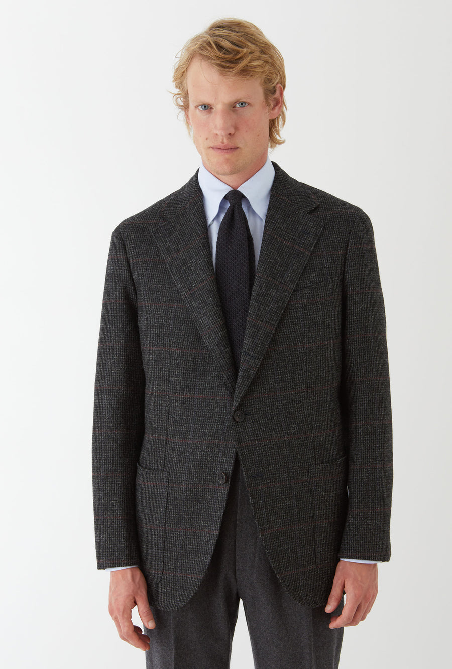 Sport Jacket Wool Charcoal Tickweave Blue Blood Overcheck