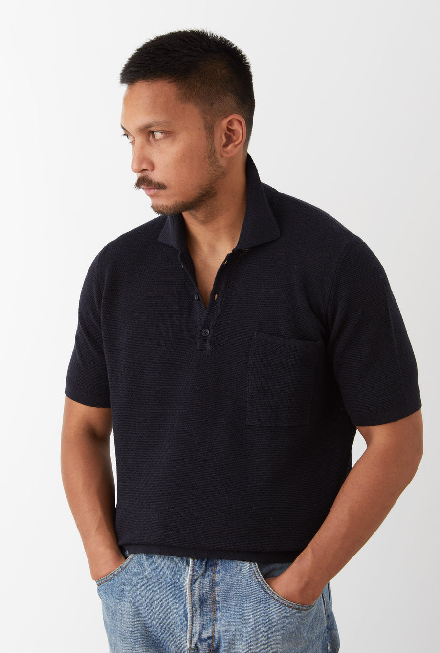 Knitted Polo Cotton Linen Navy