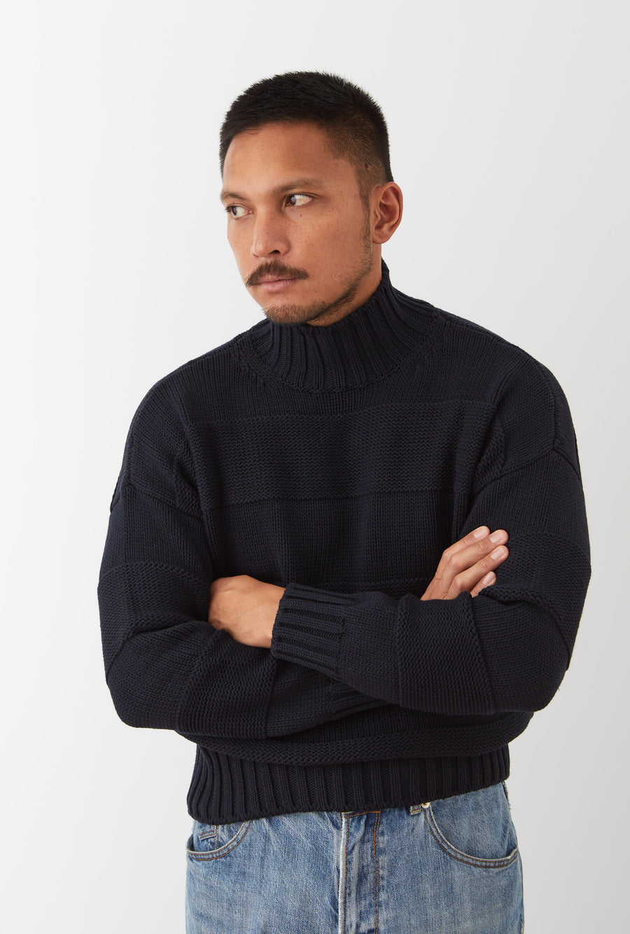Mockneck Heavy Cotton Navy Stripe