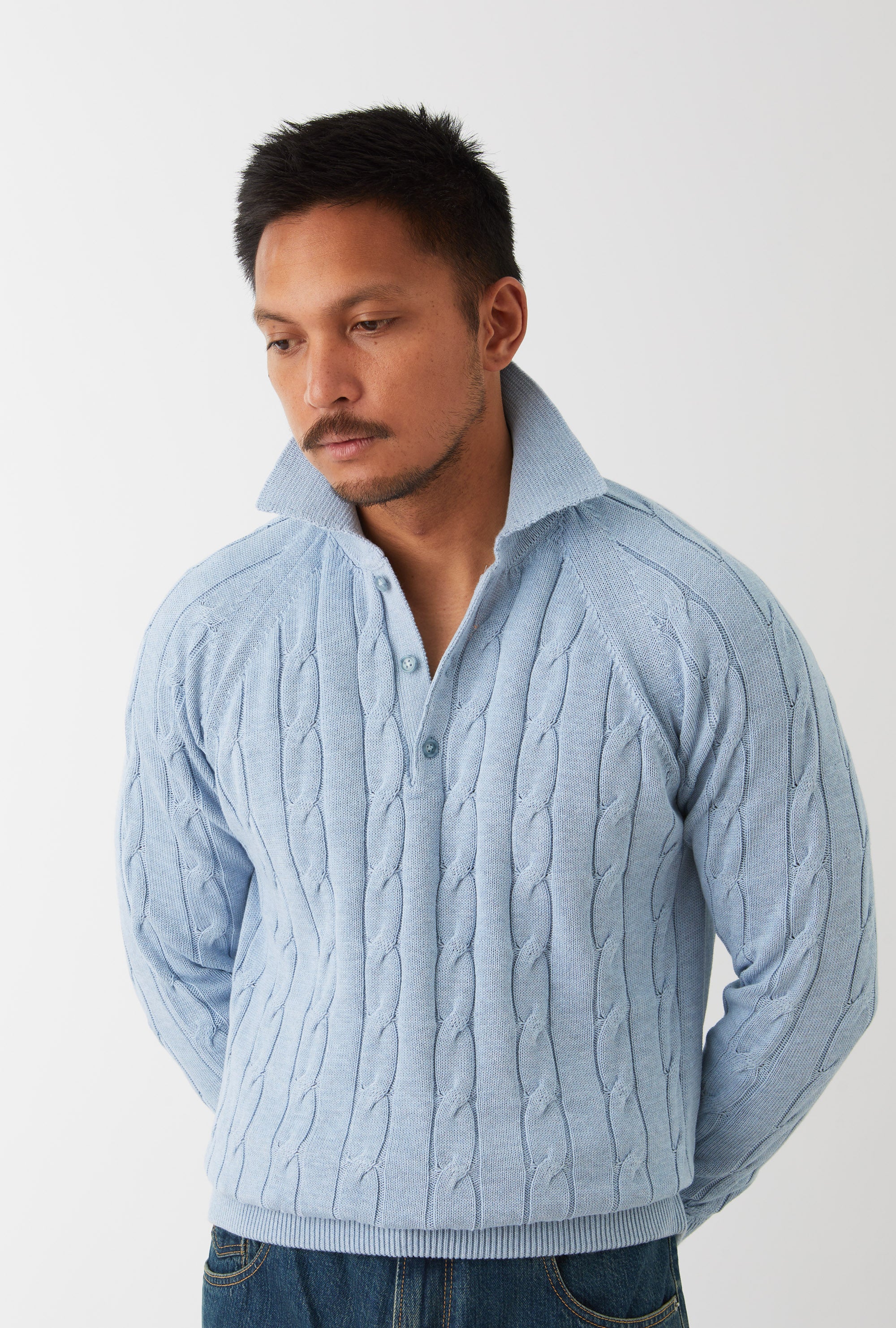 Raglan Polo Cableknit Cotton Sky Blue