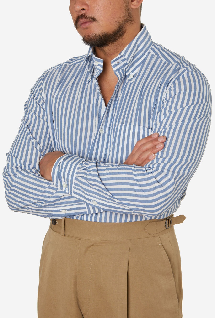 Button Down Sport Shirt Cotton Seersucker Blue Stripe