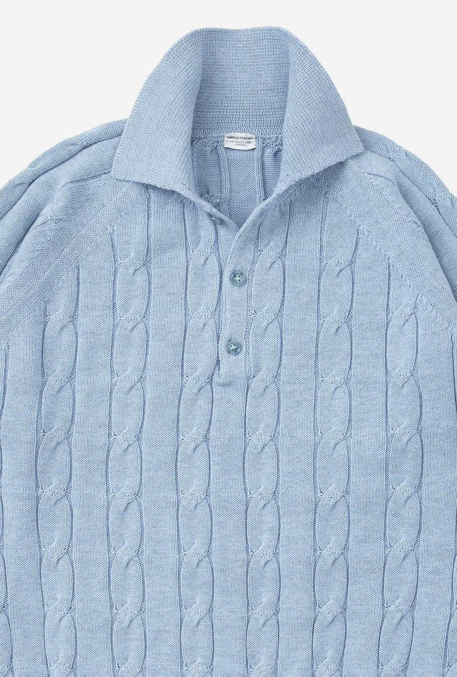 Raglan Polo Cableknit Cotton Sky Blue