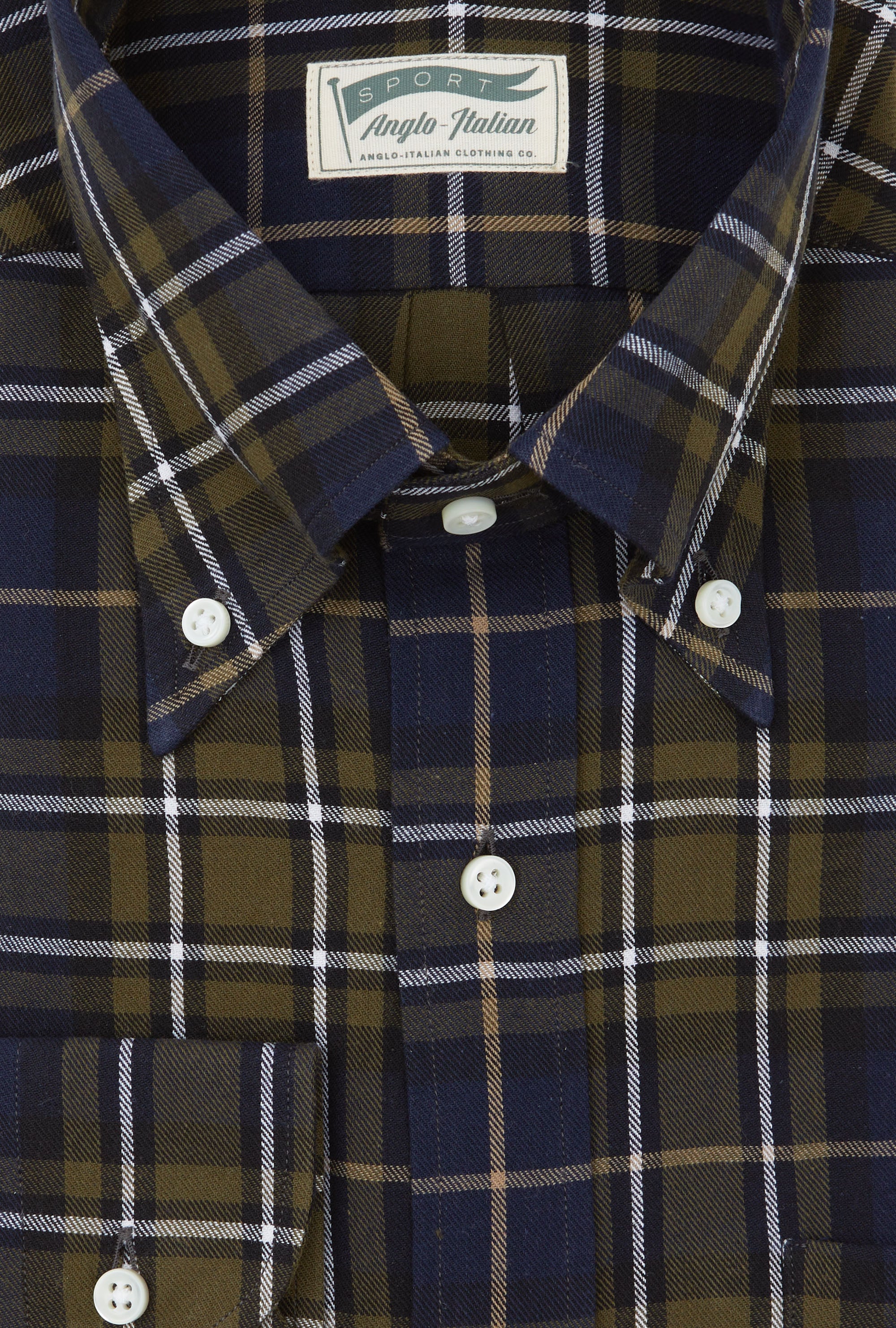 Button Down Sport Shirt Brushed Twill Navy Green White Check