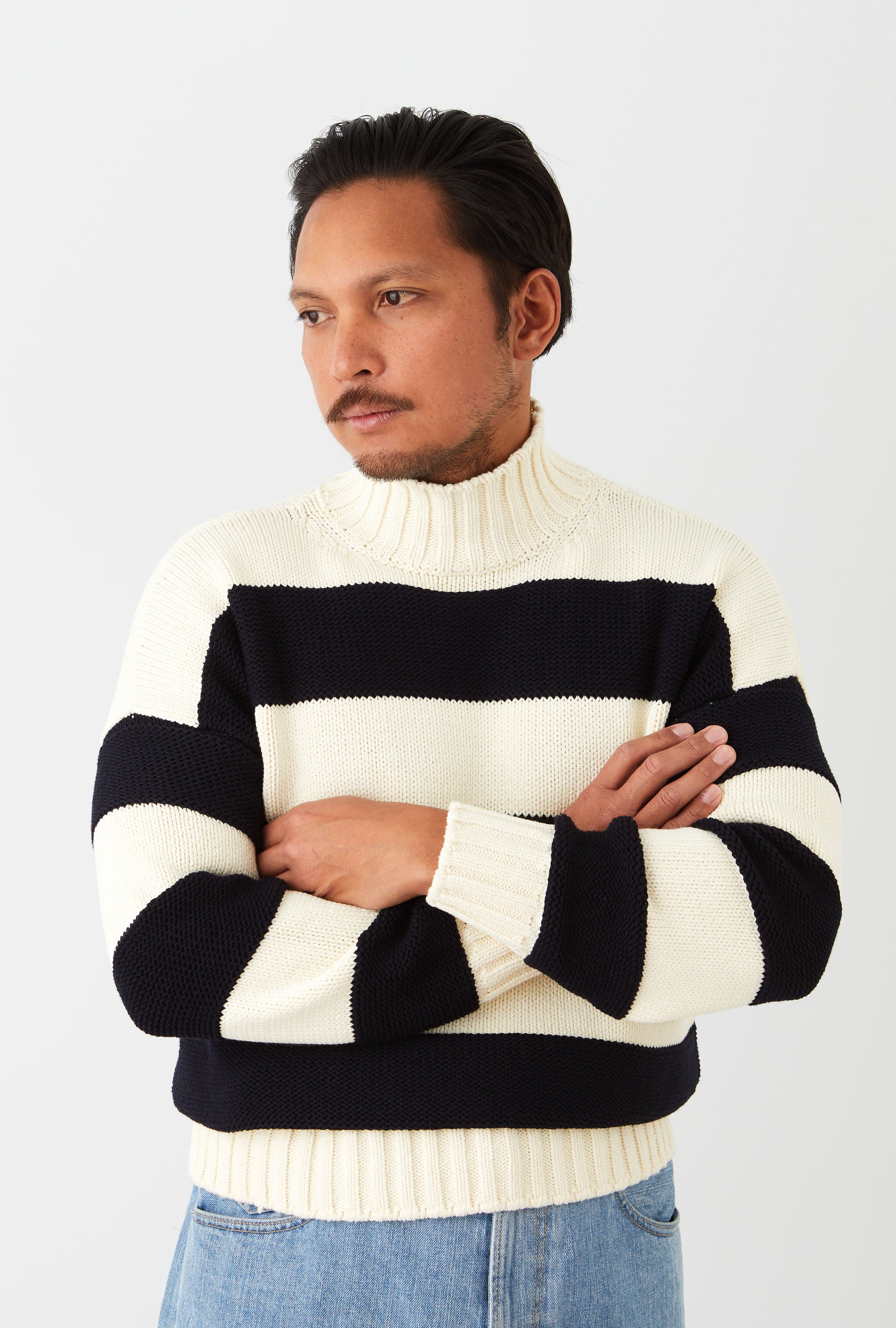 Mockneck Heavy Cotton Ecru Navy Stripes