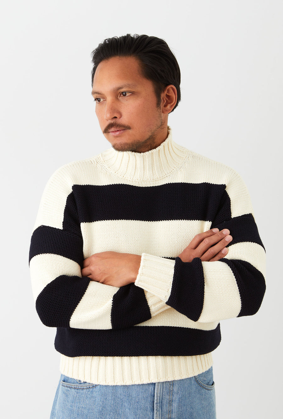 Mockneck Heavy Cotton Ecru Navy Stripe