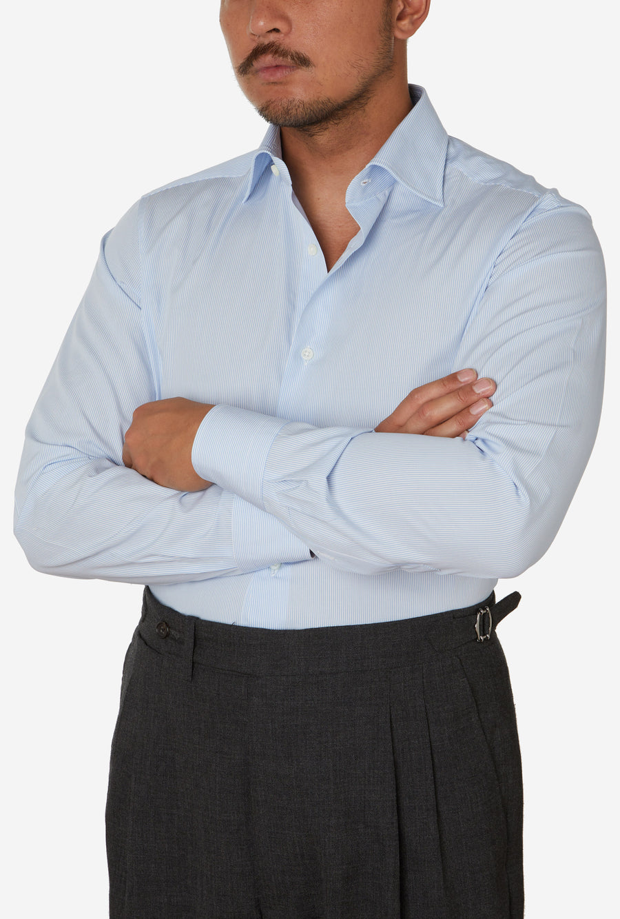 Spread Collar Shirt Cotton Poplin Micro Mid-Blue Bengal Stripe