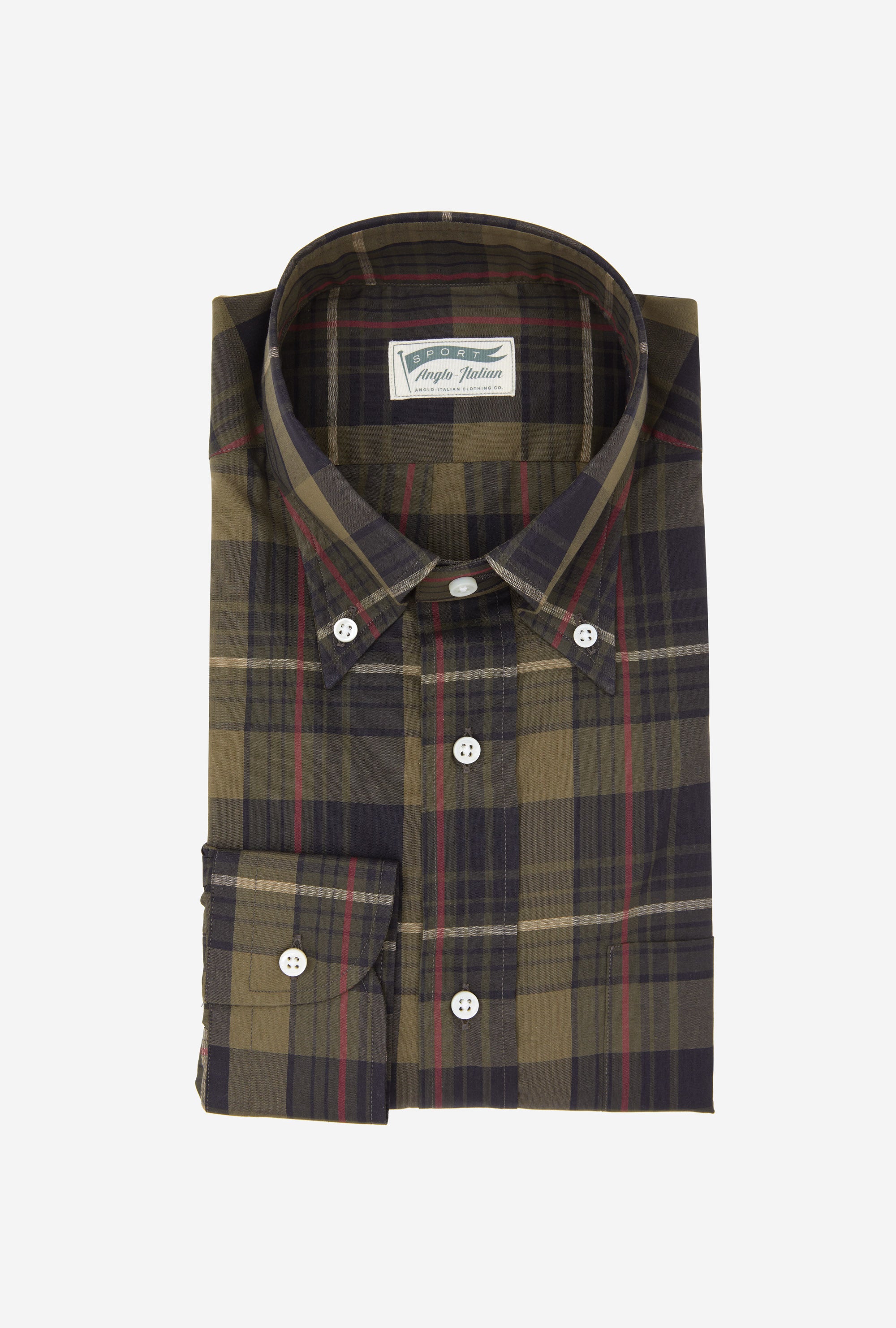 Button Down Cotton-Linen Shirt Olive Navy Red Check