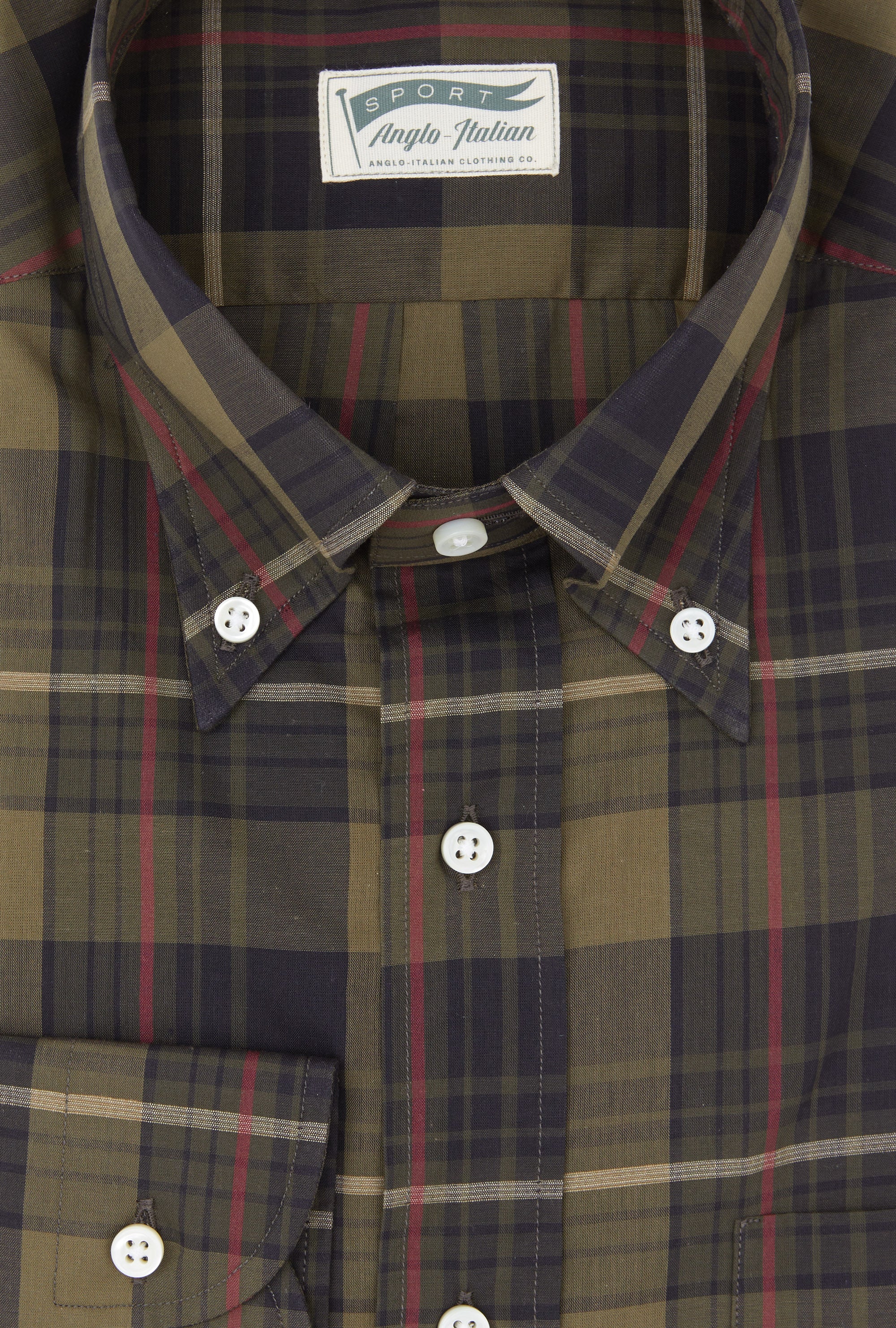 Button Down Cotton-Linen Shirt Olive Navy Red Check