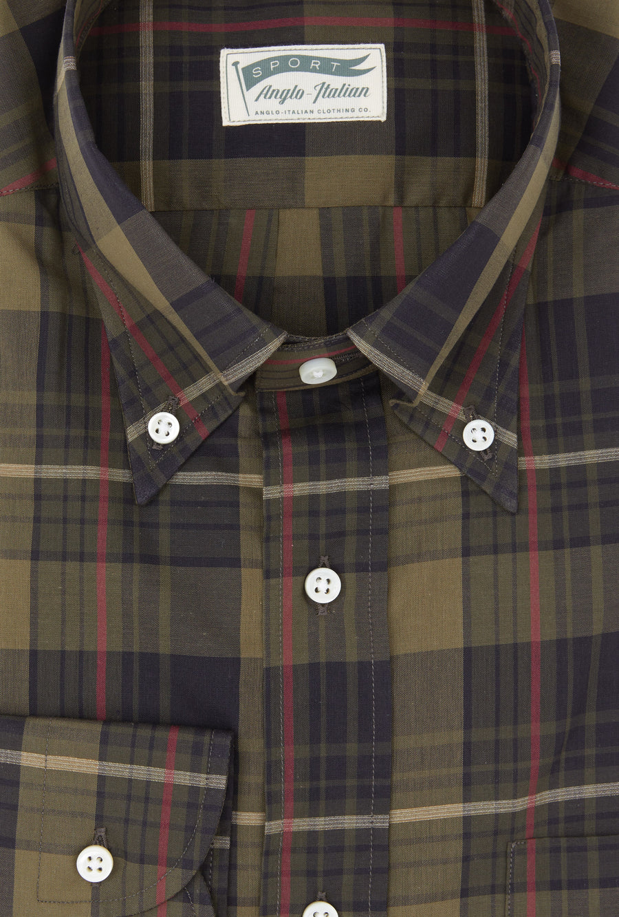 Button Down Cotton-Linen Shirt Olive Navy Red Check