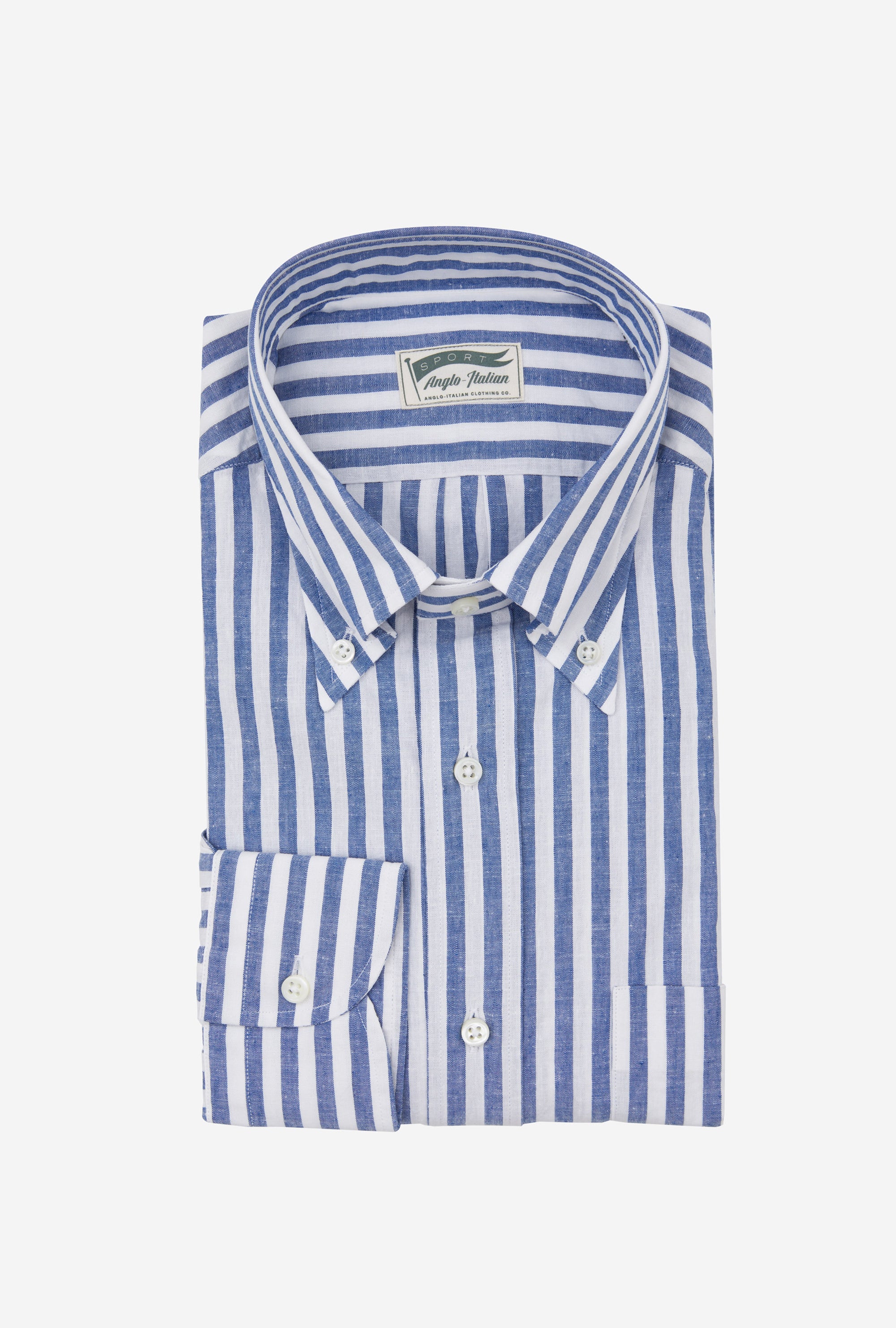 Button Down Sport Shirt Cotton-Linen Blue Butchers Stripe