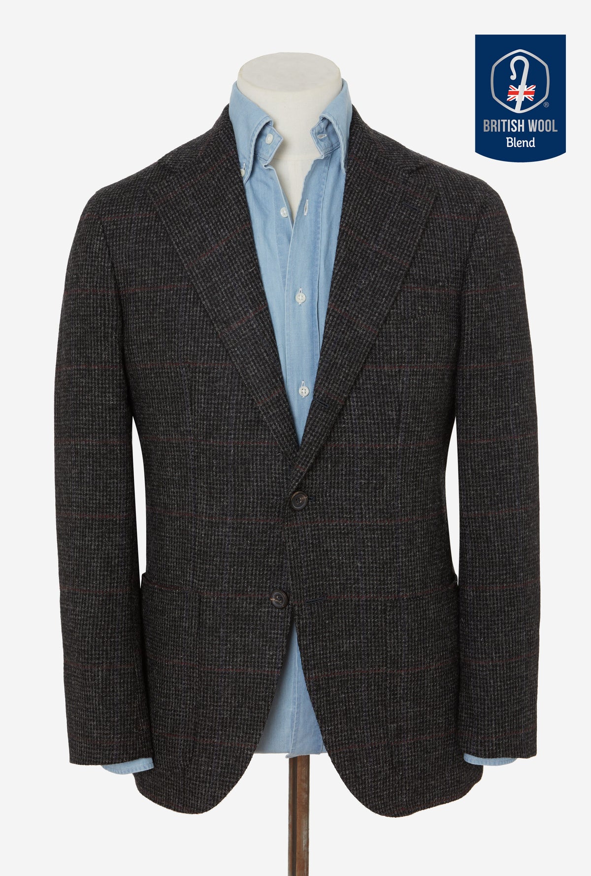 Sport Jacket Wool Charcoal Tickweave Blue Blood Overcheck